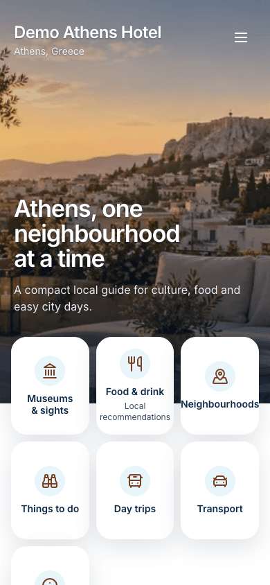 Athens demo homepage showing hotel branding and guide categories